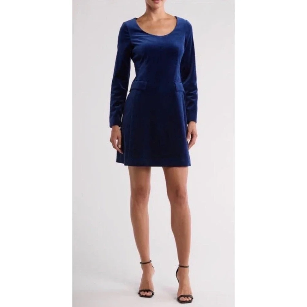 New Theory Stretch Velvet Velour Shift Dress Flap Pockets Long Sleeve Blue Sz 00